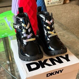 DKNY Kids Glossy Black Boots with Colorful Laces